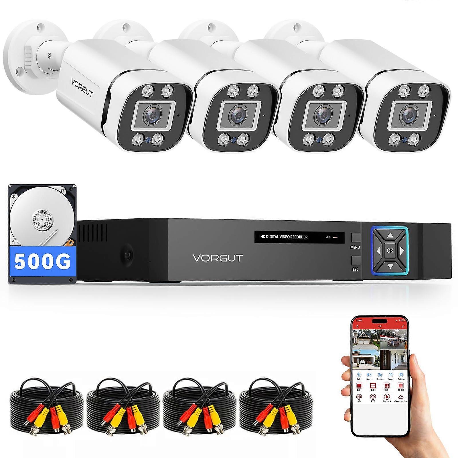 Wired Security Camera System with 4 Bullet Cameras, 4CH DVR 500GB HDD, Night Vision, Motion Detection