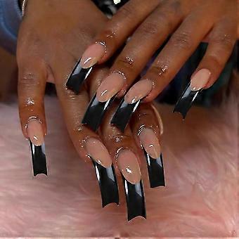 Ensemble de 24 faux ongles incurvés noirs extra longs à pointe française avec colle