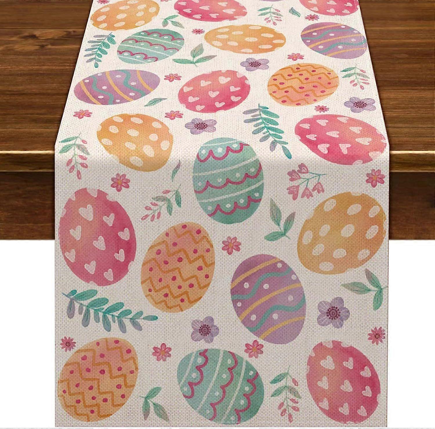 Linen Happy Easter Table Runner Spring Easter Egg Decoration (13" x 72")