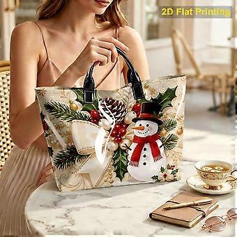 Snowman Print Tote Bag, Large bow, pinecone, and snowman print, PVC and Polyester Shopping Carry Bag, 44 x 31 x 12.5 cm, for Christmas Shopping