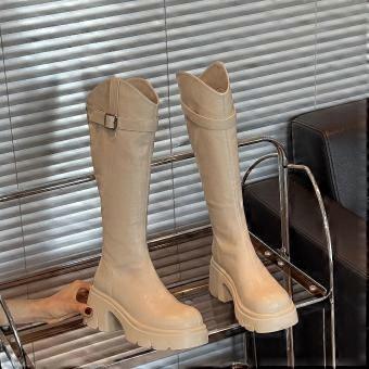 Women's new autumn style V-neck long tube boots with a knee length and thick sole height increasing fashion boots