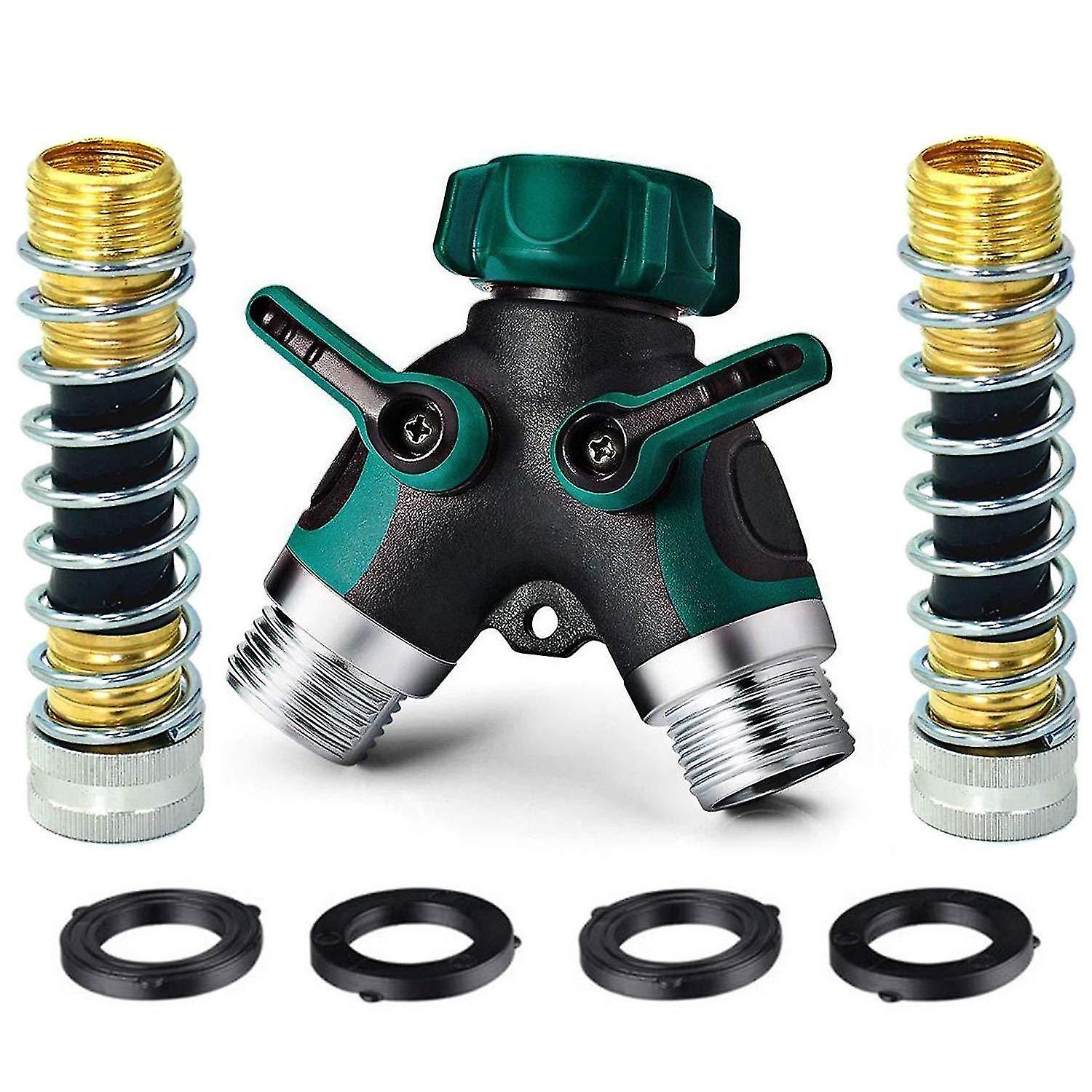 2 Way Garden Hose Splitter, Outdoor Utility Y Valve Hose Connector, Comfortable Rubberized Grip Faucet Adapter With 2 Spring Hose And 4 Rubber Washers