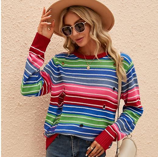 Women's Autumn And Winter Color Knitted Sweater 2023 New Arrival Fashion Round Neck Striped Long-sleeved Women's Casual Loose Color Matching Hole Tops