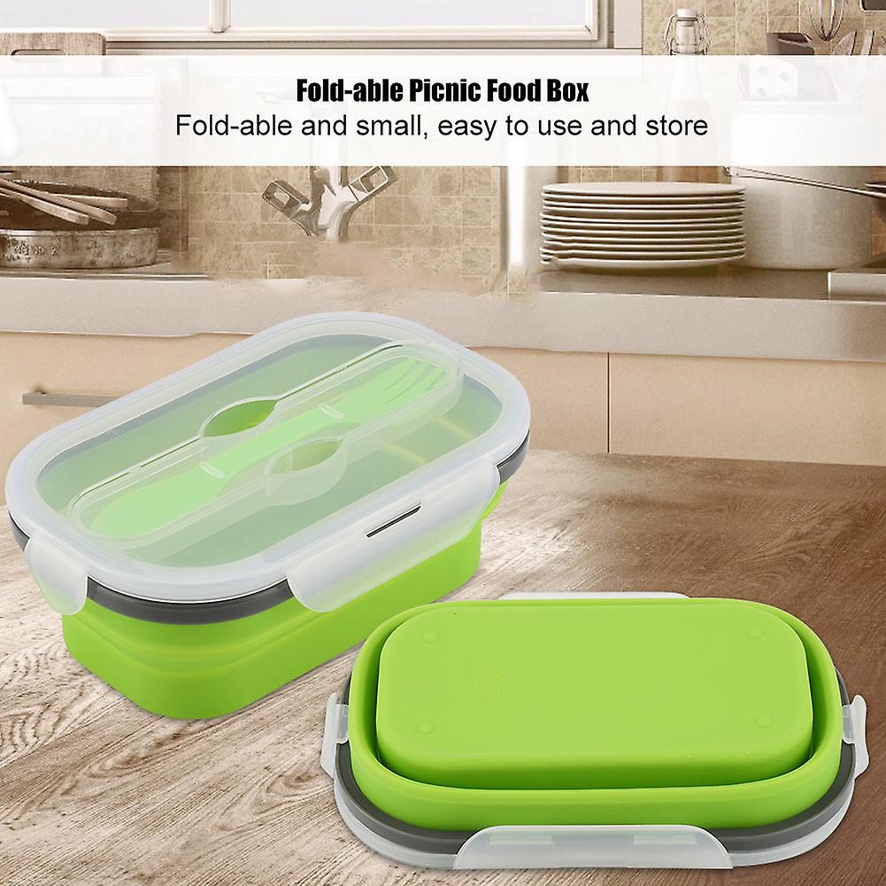 Lunch Box, Silicone Picnic Food Fruit Box with Fork Foldable Telescopic Stretchable Container for Storing Fruit Food