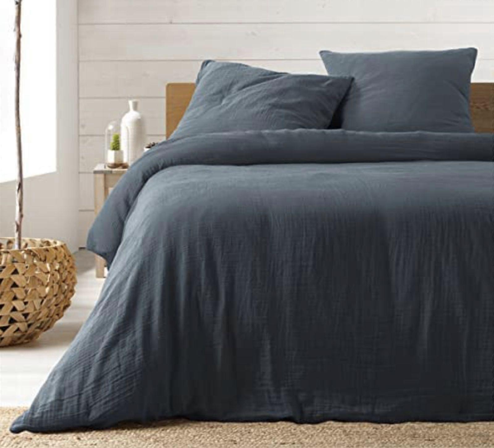 Blue cotton gauze bed set 240 x 220 cm