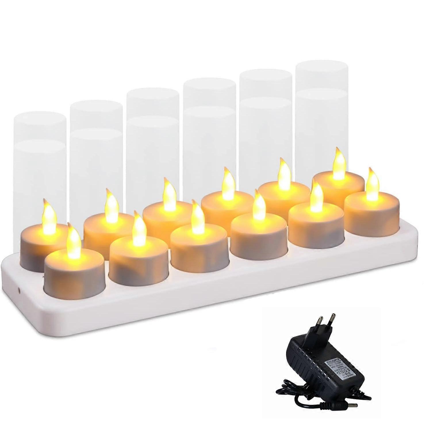 Rechargeable Candles Flameless Flickering Candles Tealights 12pcs/Set with White Base, Decoration Parties, Weddings, Bar, Family, Dinner Outdoor Picni