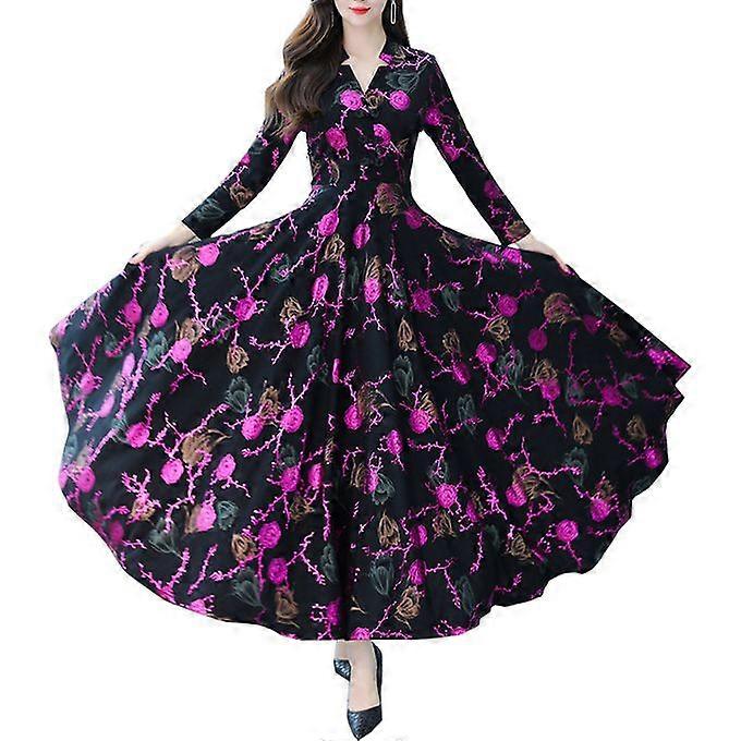 Elegant Lady Dress Purple Floral Print V Neck Long Sleeve Swing