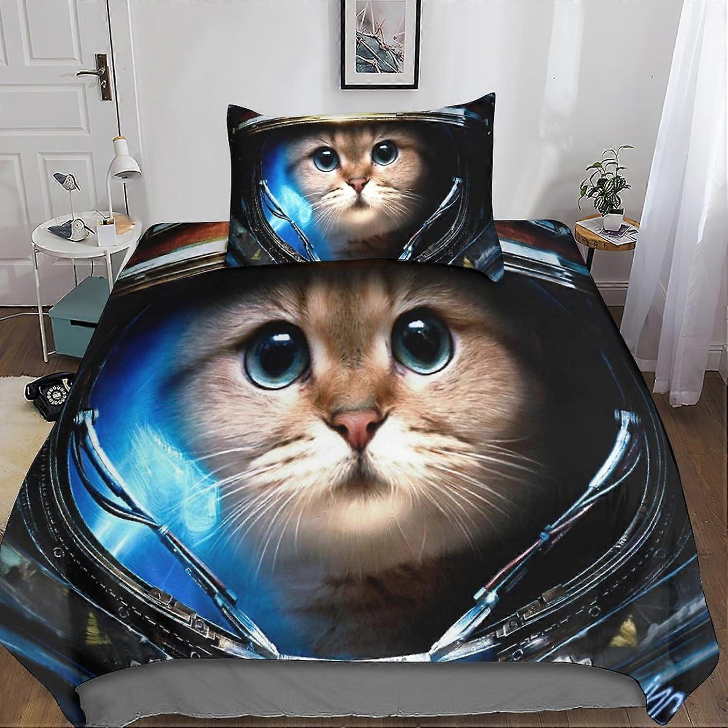 Cat Astronaut 3D Duvets and Bedding Sets with Pillowcase, Bedding Duvet Cover, 2 Pieces Microfiber Bedding with Zipper Closure Pillowcases Single