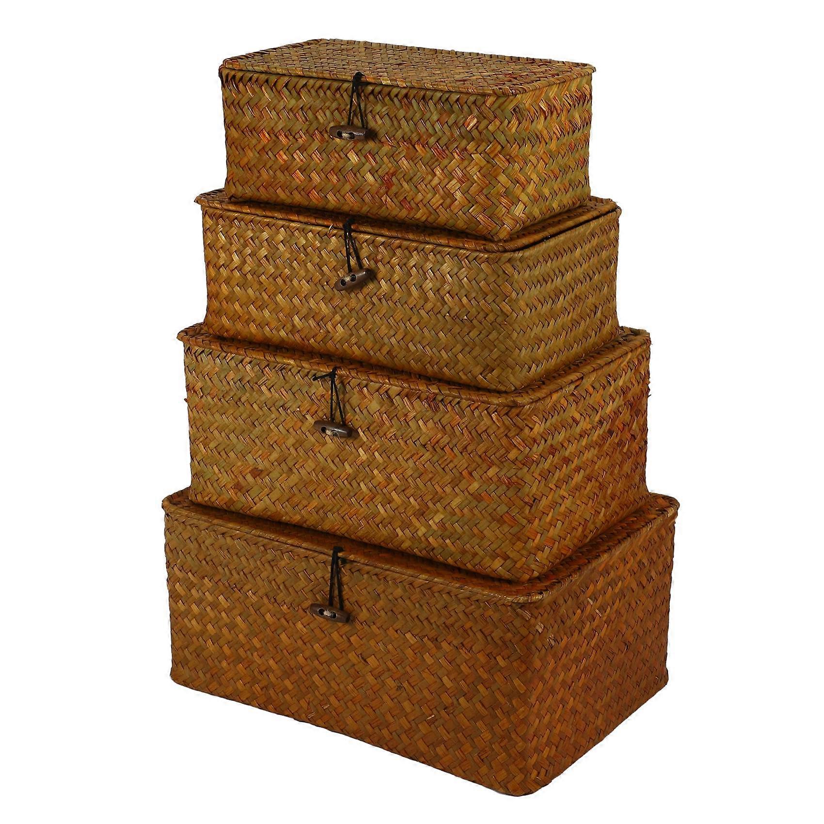 Seagrass Storage Baskets with Lids, Woven Rectangular Basket Bins, Wicker Storage Organizer for She