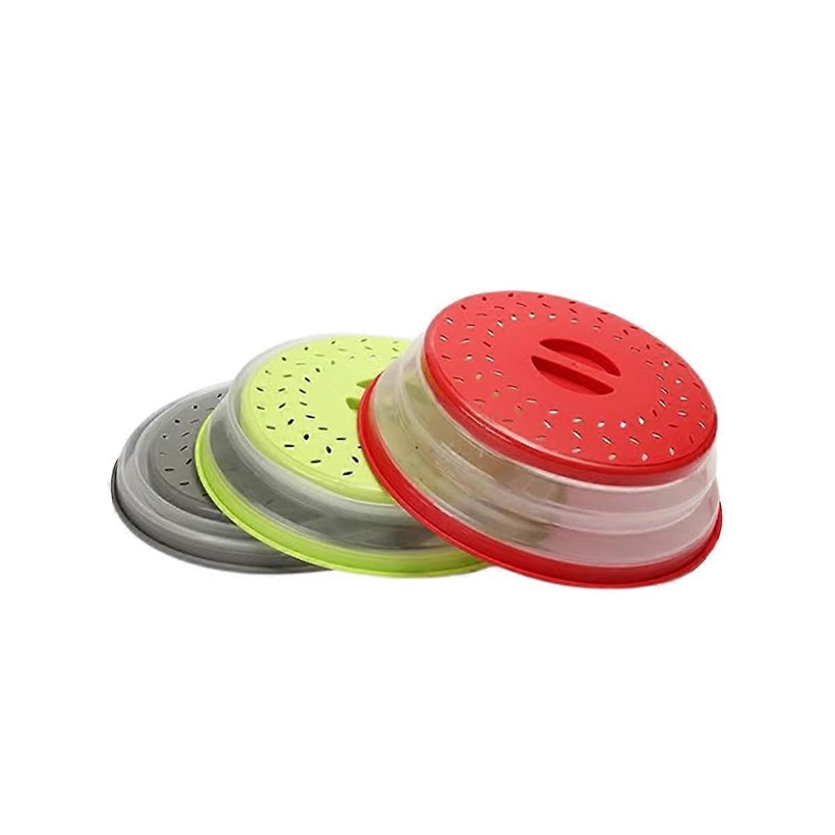 Pack of 3 Collapsible Microwave Food Cover Round with Grip Handle RED+GREEN+GREY