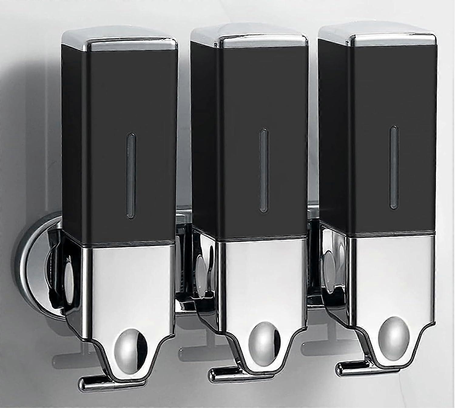 3-in-1 Shower Soap Dispenser Wall Mounted with Labels, Shower Dispensers for Shampoo, Conditioner and Soap, Drill Free Shampoo and Conditioner Dispens