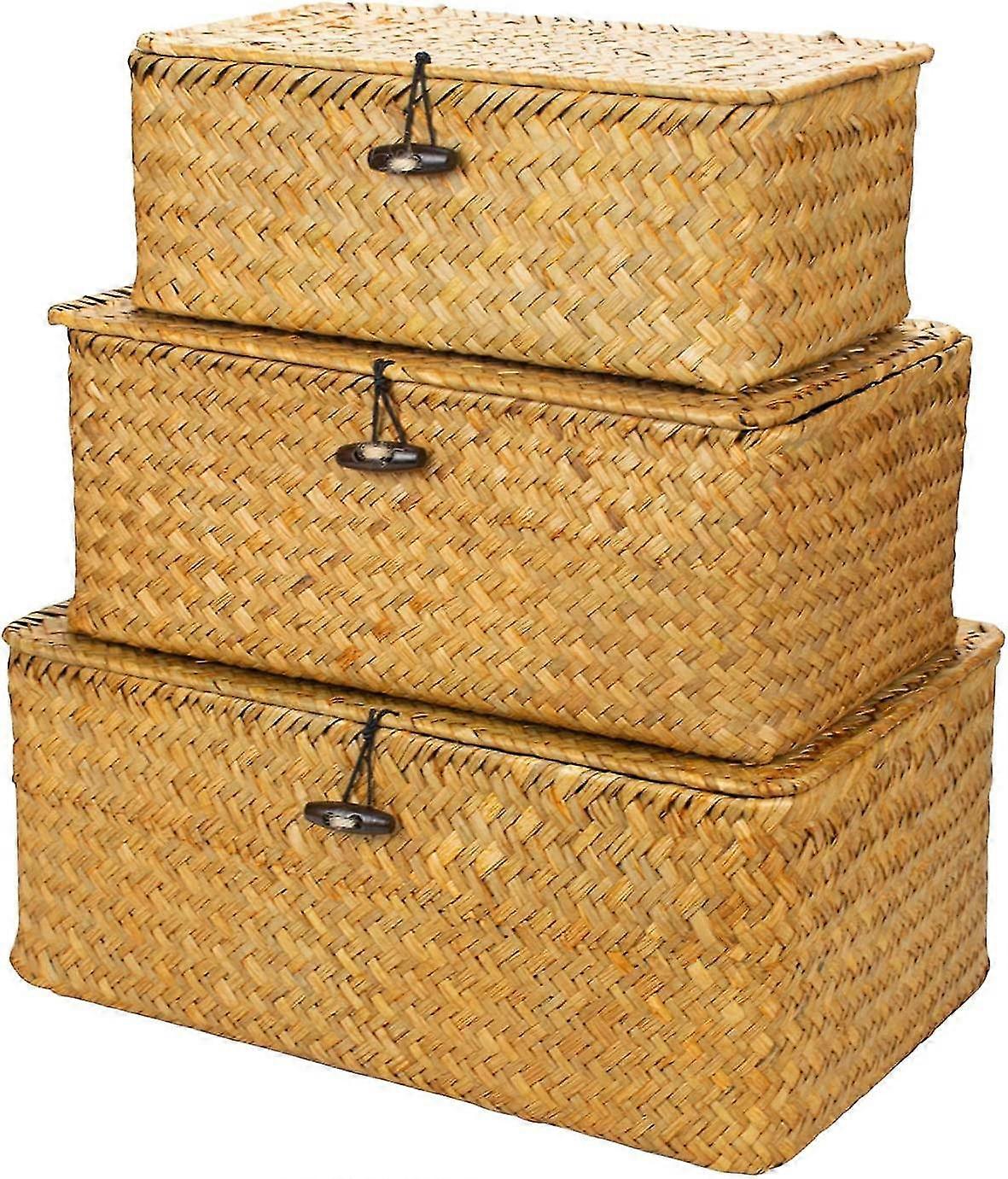 Shelf Baskets With Lid Set Of 3, Handwoven Seagrass Storage Bins Box Rectangular Seagrass Basket Storage Organizer Wicker Basket For Shelf