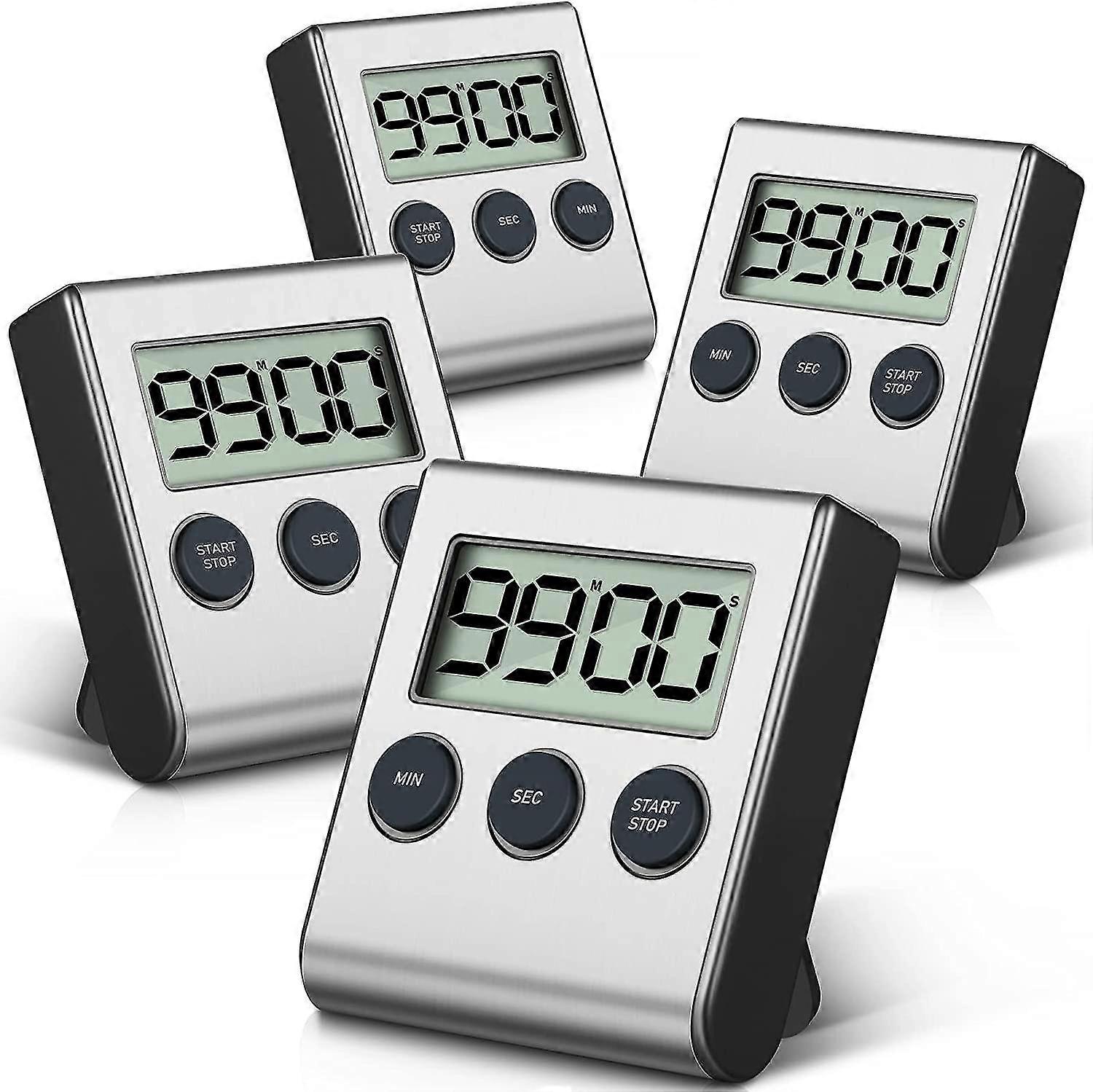 4 Pack Digital Kitchen Timer Stainless Steel Magnetic Timer Cooking Timer Countdown Timer With Loud Alarm Magnetic Back Large Display Auto Memory Auto