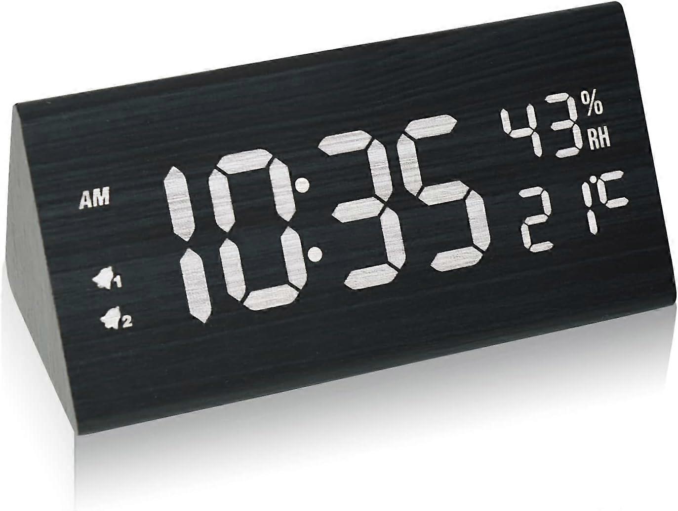 Digital alarm clock with large LED display, wooden table clock, 3 brightness levels, 3 alarms, digital alarm clock with temperature and humidity displ