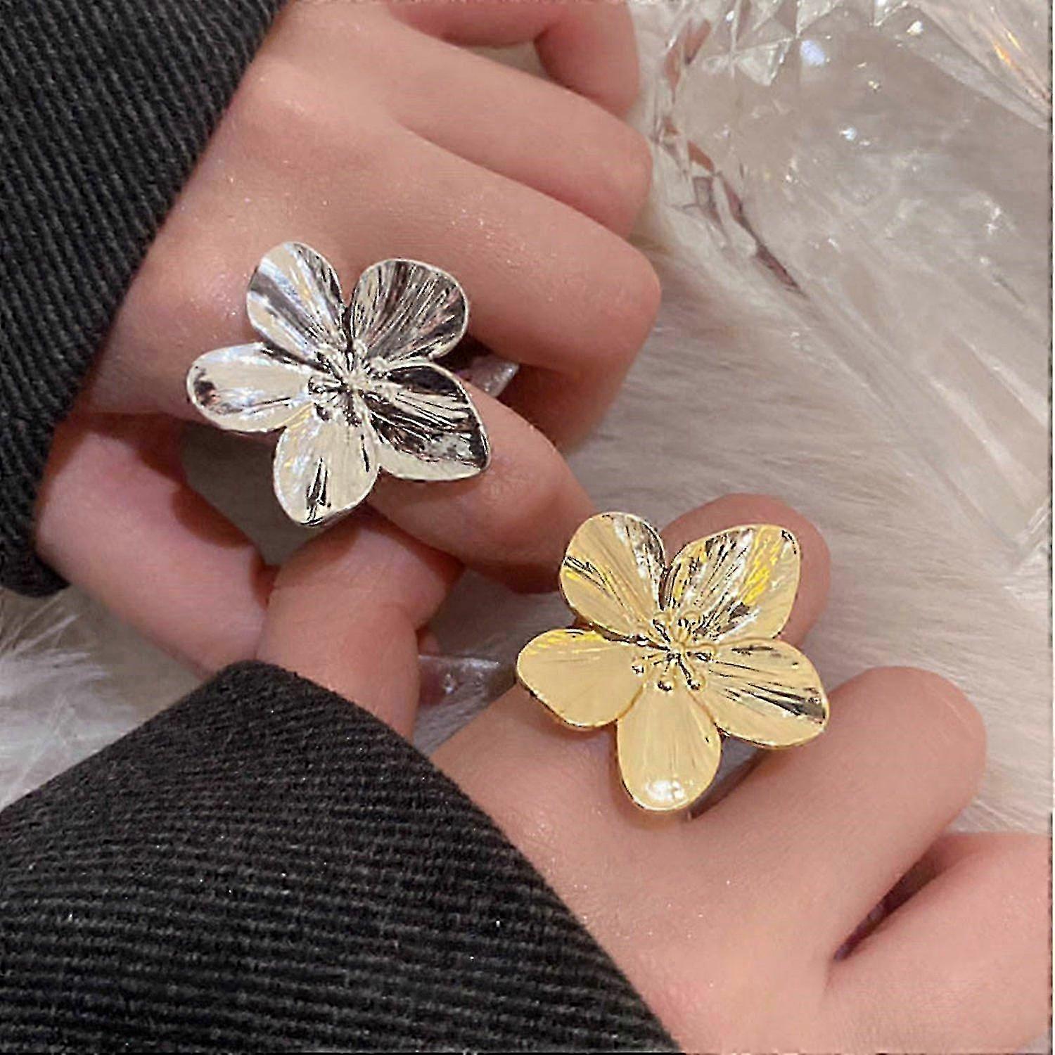 Flower Open Ring Adjustable Polished Metal Solid Color Smooth Exaggerated Style Petal Lady Prom