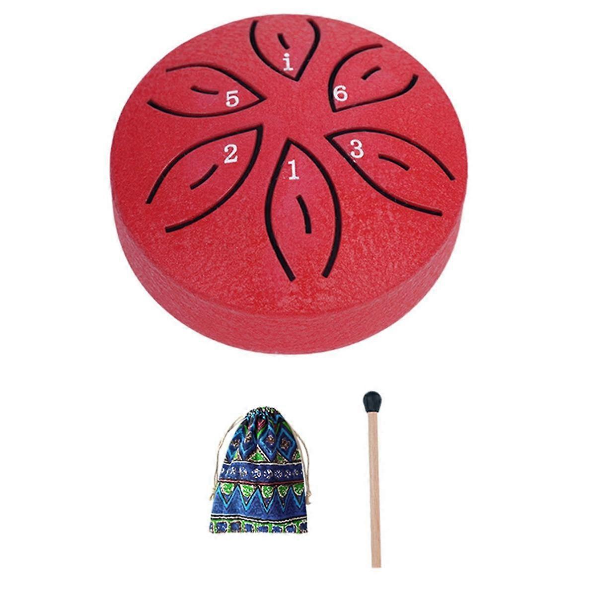 Steel Tongue Drum Rain Drum for Outside, 6 Notes 3 Inches Chakra Tank Drum Steel Percussion Padded Mallets Red