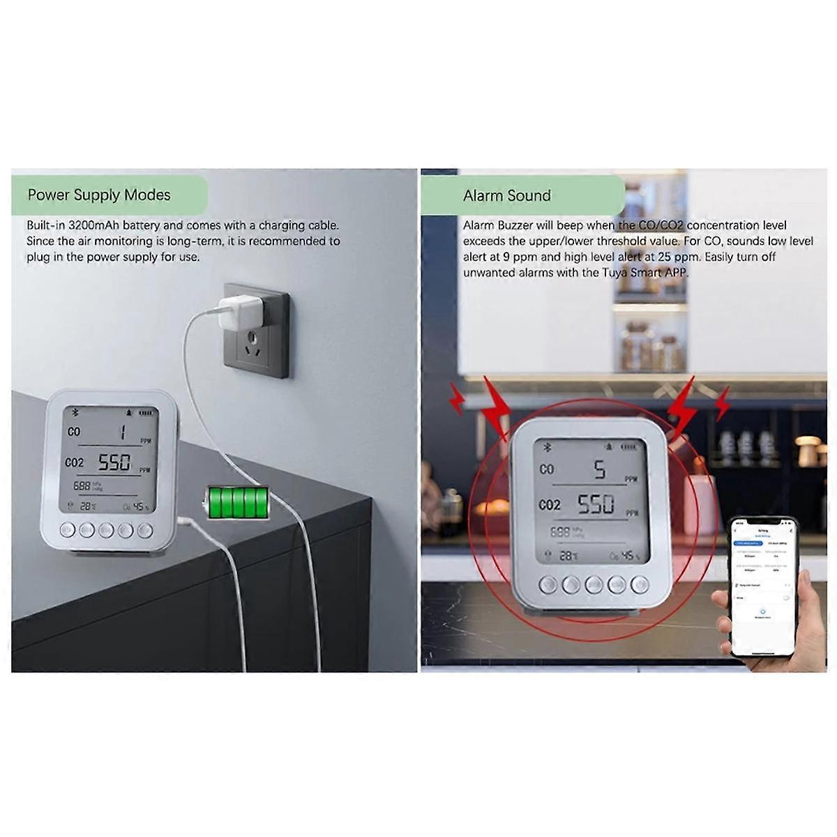 5-in-1 Tuya Bluetooth CO2 Detector Monitor Smart Home CO2 CO Umidità Temperatura Sensore di pressione Rilevamento in tempo reale