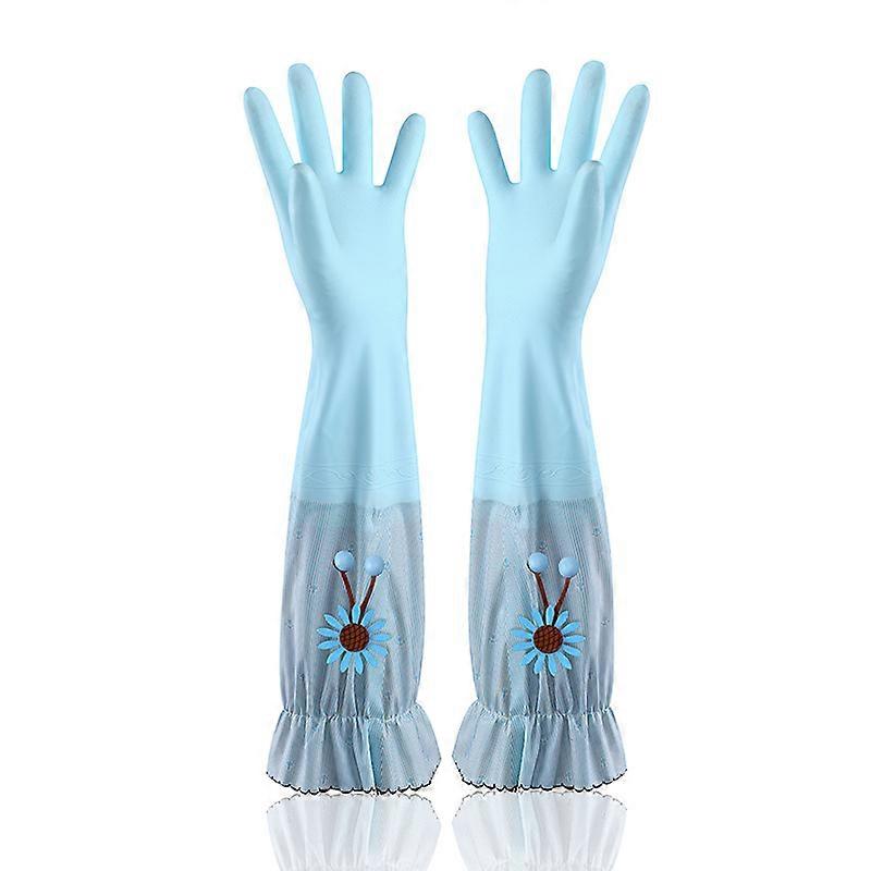 Tournesols bleus-Gants de vaisselle Gants en plastique imperméables en peluche épaissis et allongés pour le nettoyage du linge de cuisine durable
