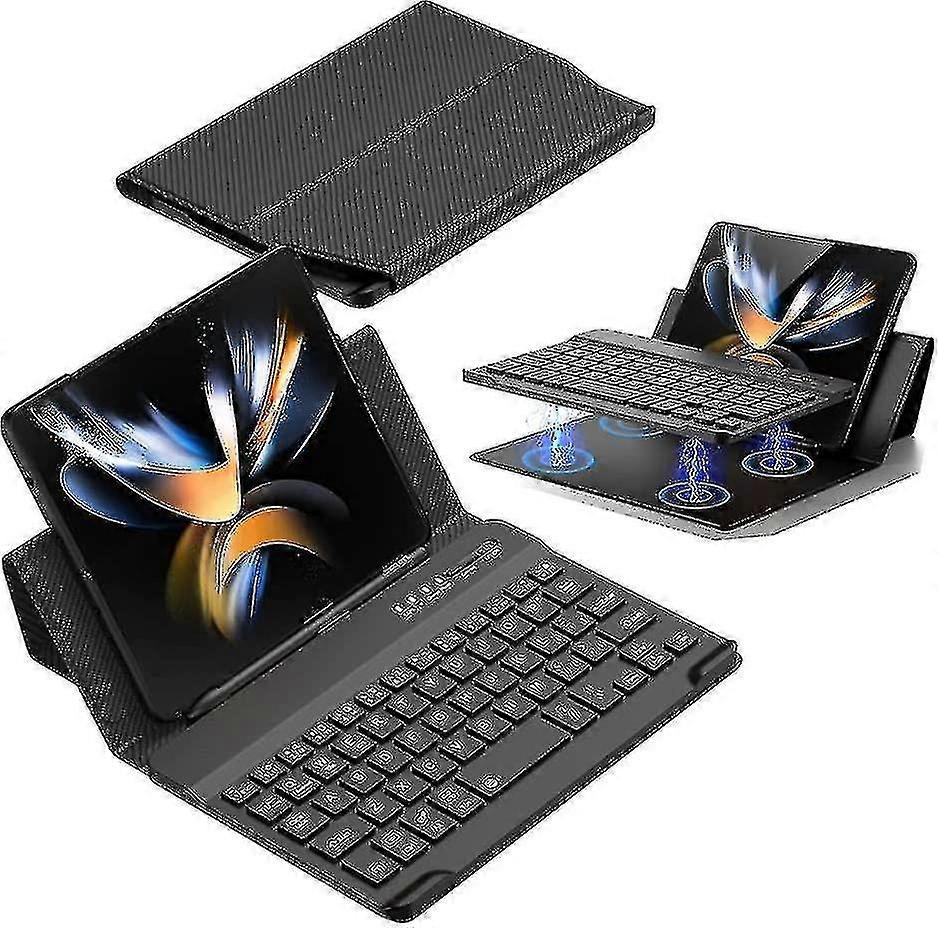 Wireless Bluetooth Keyboard For Samsung Galaxy Z Fold 4/3 With Foldable Kickstand Magnetic Leather Keyboard Cover Black Day