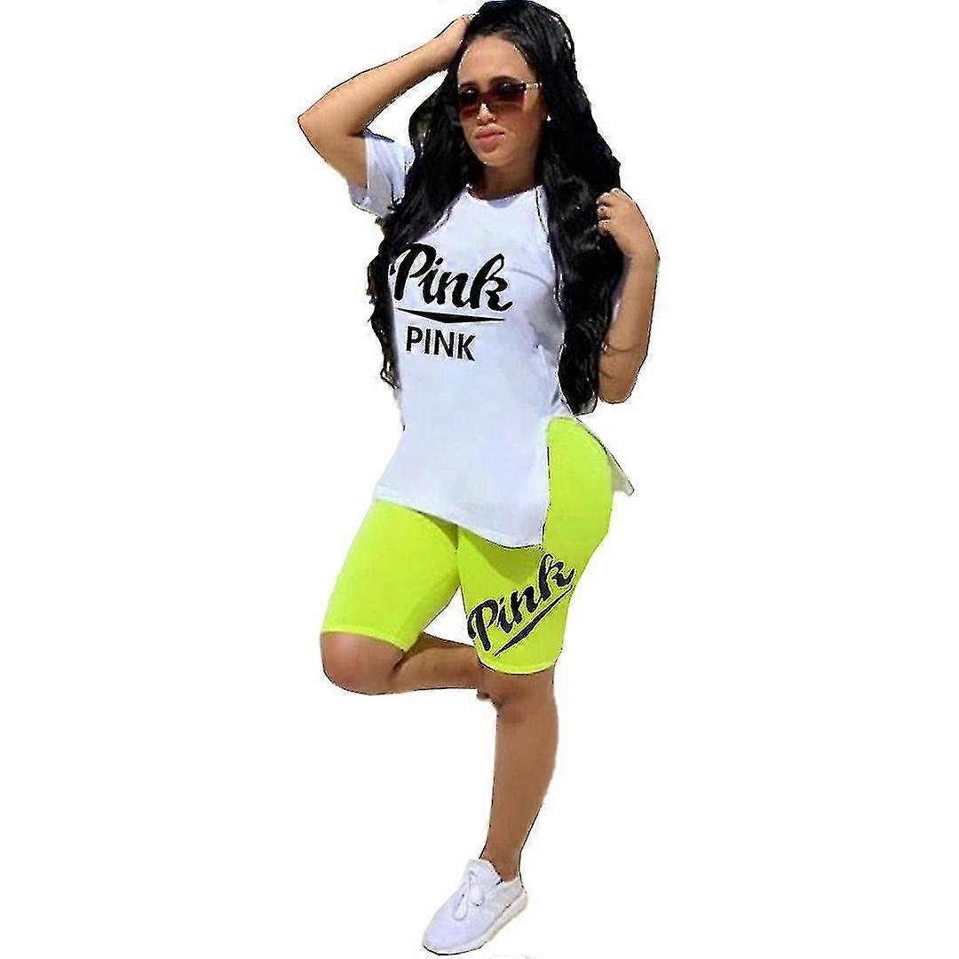 2023 Women's Casual Letter Offset Printing Hem Split Loose Short-sleeved Shorts Two-piece Suit