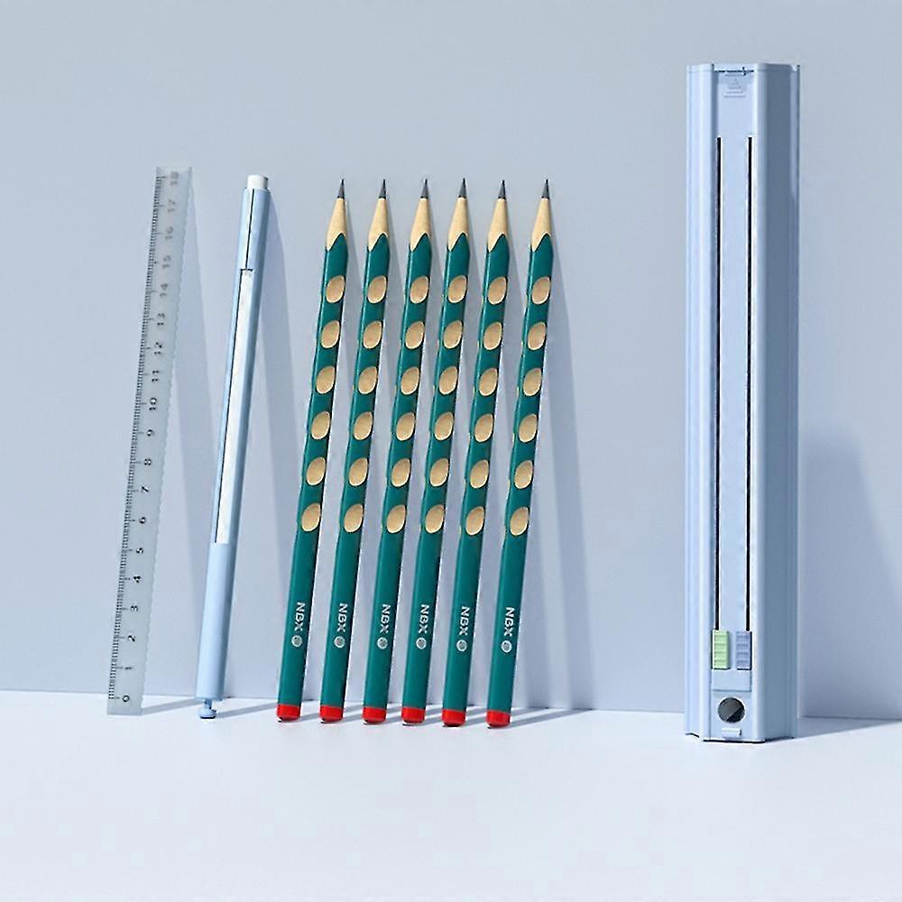 Cute Pencil Box Hexagonal with 6 Pencils Standing Pen Holder Multi-Function Push-Pull Stationery Box