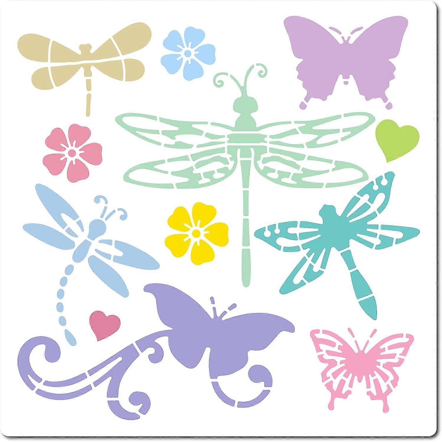 11.8 Inch Dragonfly Stencil Reusable Painting Plastic Drawing Templates DIY Decorative Butterfly Flower Heart Pattern Template Stencils Crafts for Fur