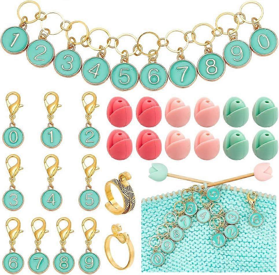 33 Pcs Knitting Accessories Kit, Including Sea Green Knitting Row Counter Chains 0-9 Number Stitch Markers 3 Colors Silicone Knitting Needle Stoppers