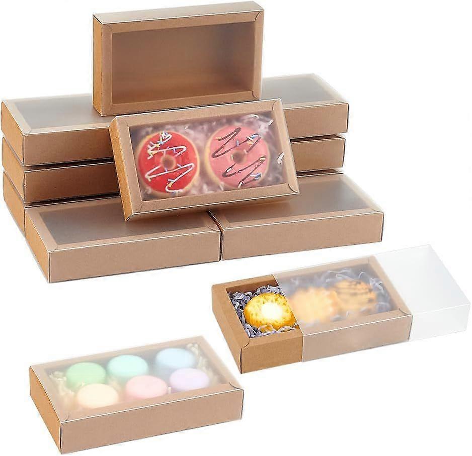 12 Pcs Rectangle Drawer Kraft Boxes 6.3x3.54x1.26 Inch Gift Packaging Case Foldable Paper Drawer Boxes with Frosted Clear Plastic Cover for Party Favo