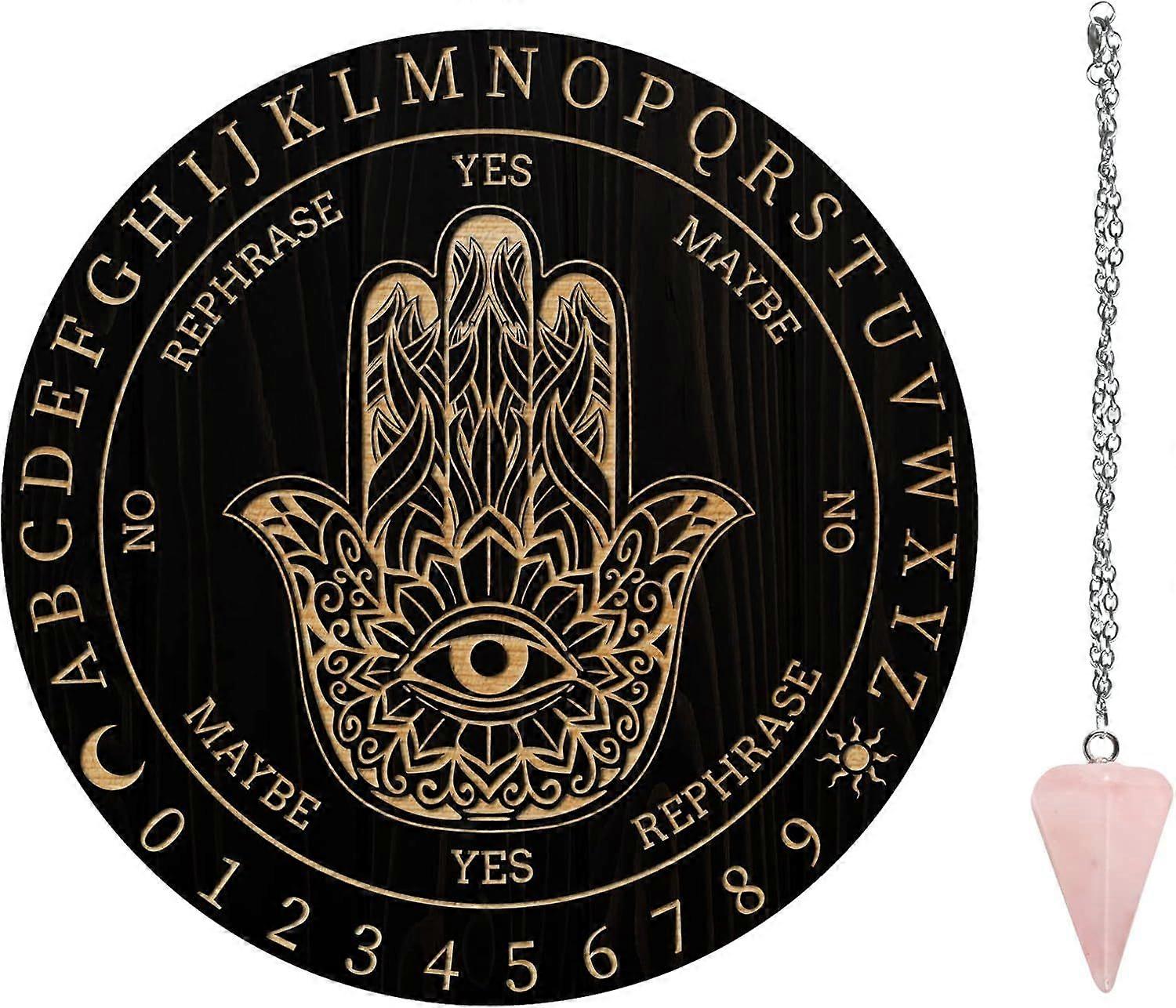 7.8" Witch Pendulum Board Wooden Dowsing Planchette with Rose Quartz Crystal Dowsing Pendulums Witchcraft Divination Tools for Spirit Altar Decoration