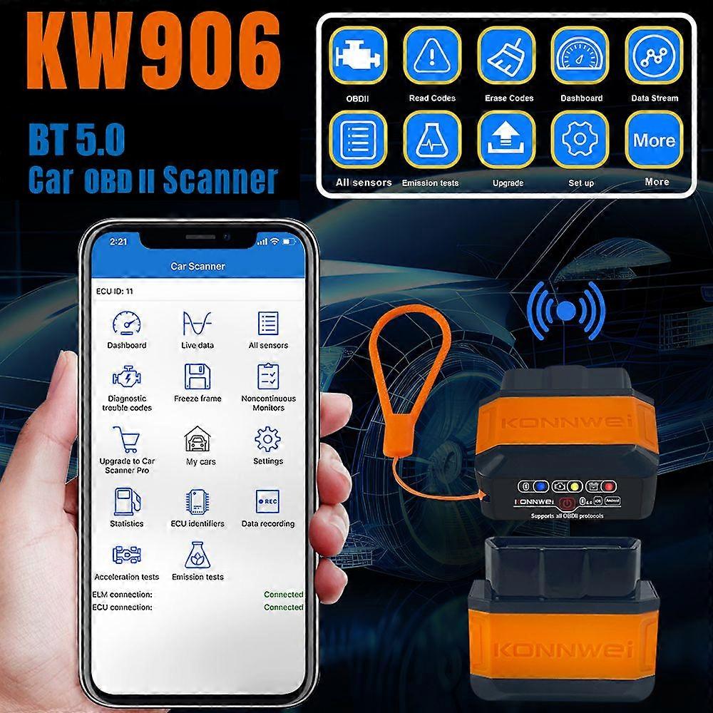 KONNWEI KW906 BT 5.0 Wireless OBDII Car Auto Diagnostic Scan Tools Car Detector Tester Scanner for IOS Android System, Black MK3024