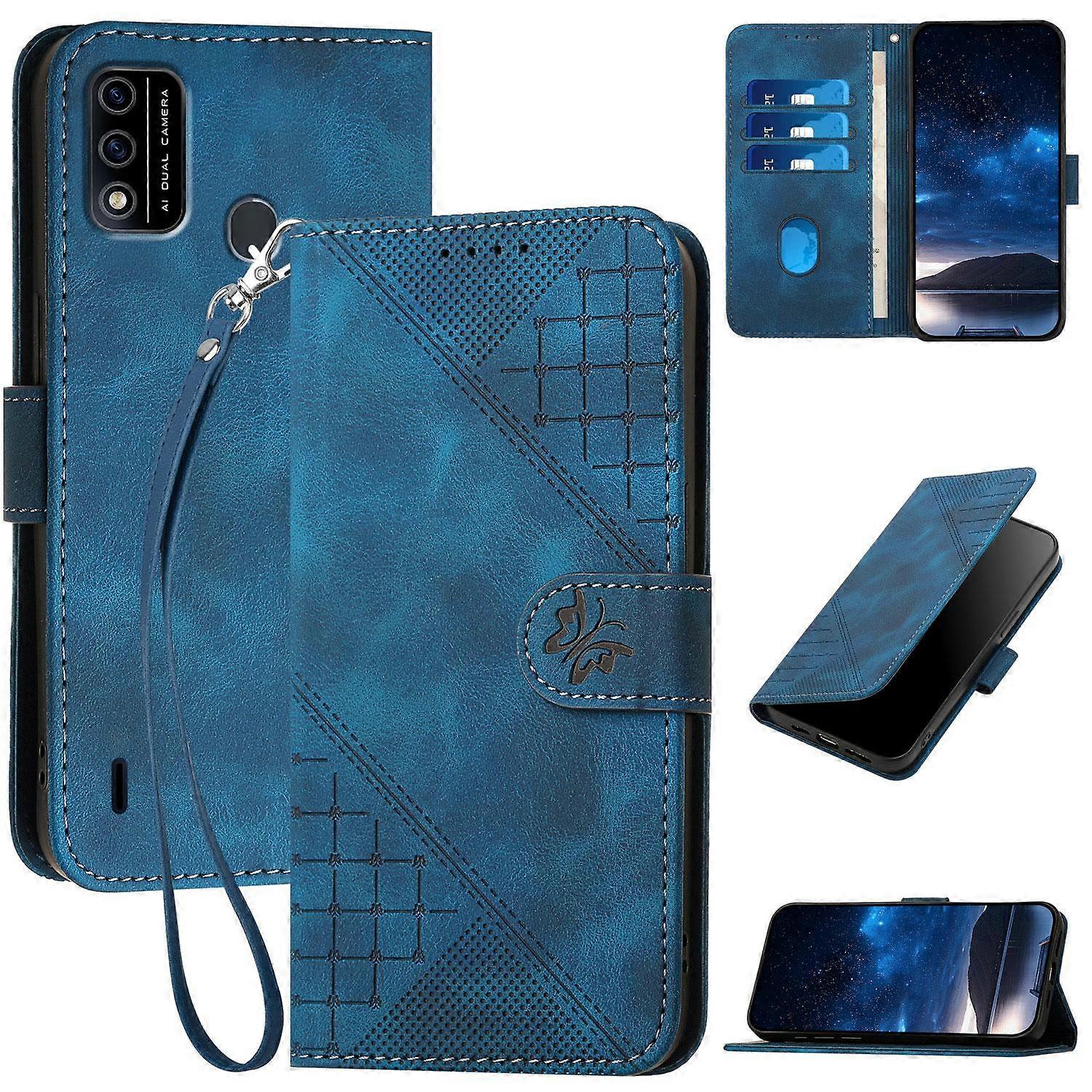 Grid Butterfly Embossed Pattern Leather Phone Case with Lanyard