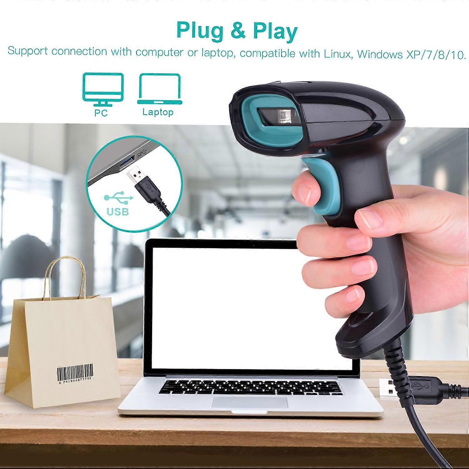 Handheld 1D Barcode Scanner USB Wired Bar Code Reader Manual/Auto Continuous Scan Compatible with Li
