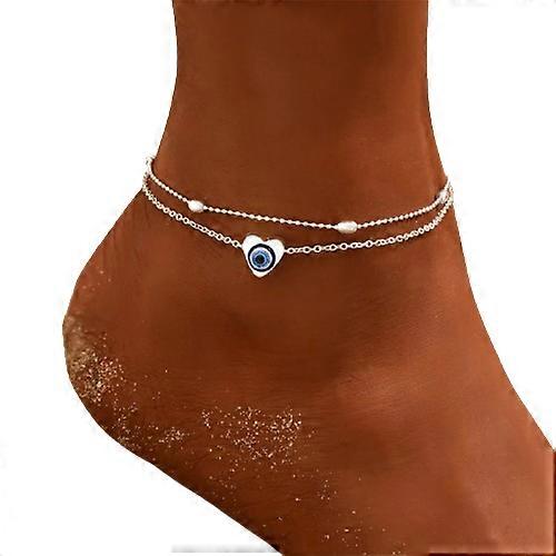 البوهيمي التركية الشر الأزرق العين الحب قلادة القلب الخلخال للنساء طبقة مزدوجة عيون الشيطان الكاحل سوار الصيف الشاطئ مجوهرات