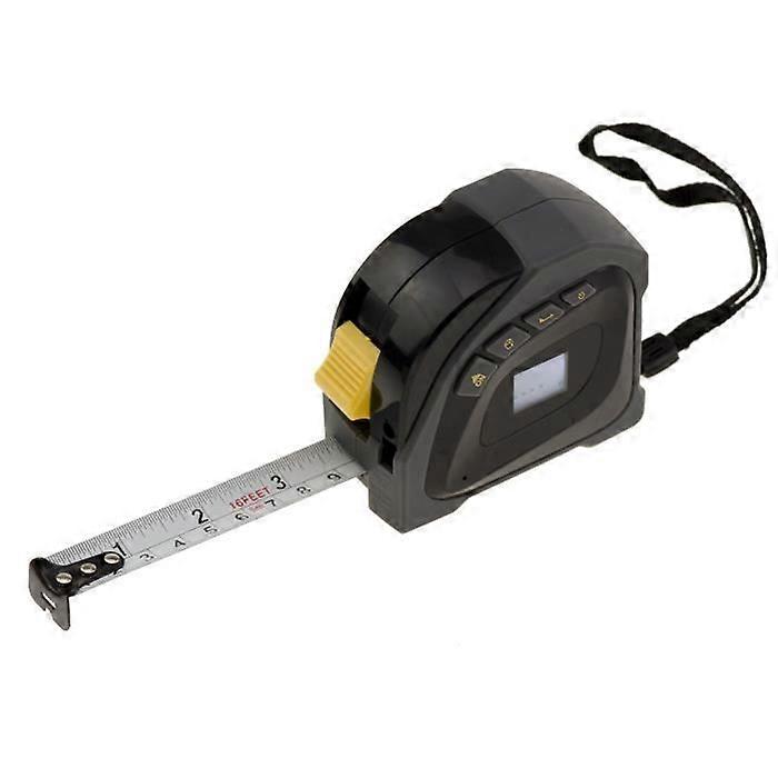 Wide tape measure length 5M with built-in laser rangefinder with a range of 40m. Measures and calculates areas and volumes