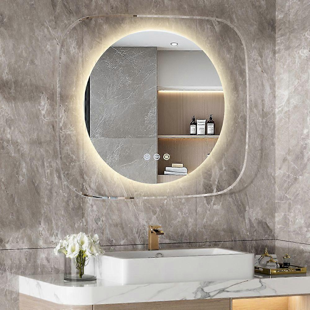 Miroir de salle de bain LED rond avec cadre en verre transparent carré Miroir de courtoisie mural éclairé rétroéclairé anti-buée