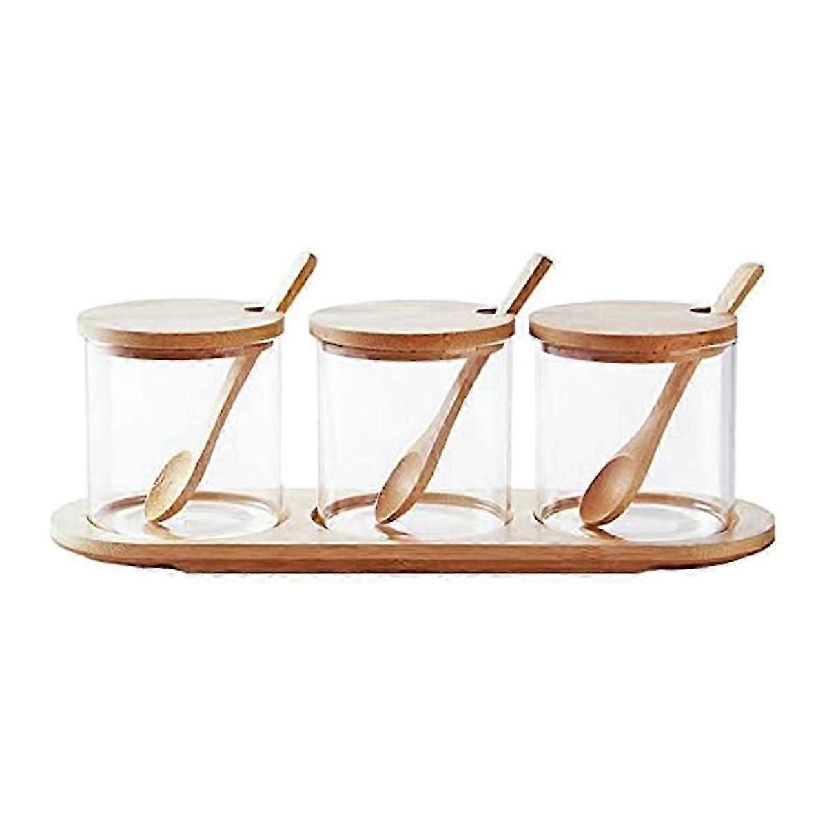 Bamboo Condiment Container with Lid and Spoon-Condiment Box Set, Used to Store Condiments, Salt and Sugar.