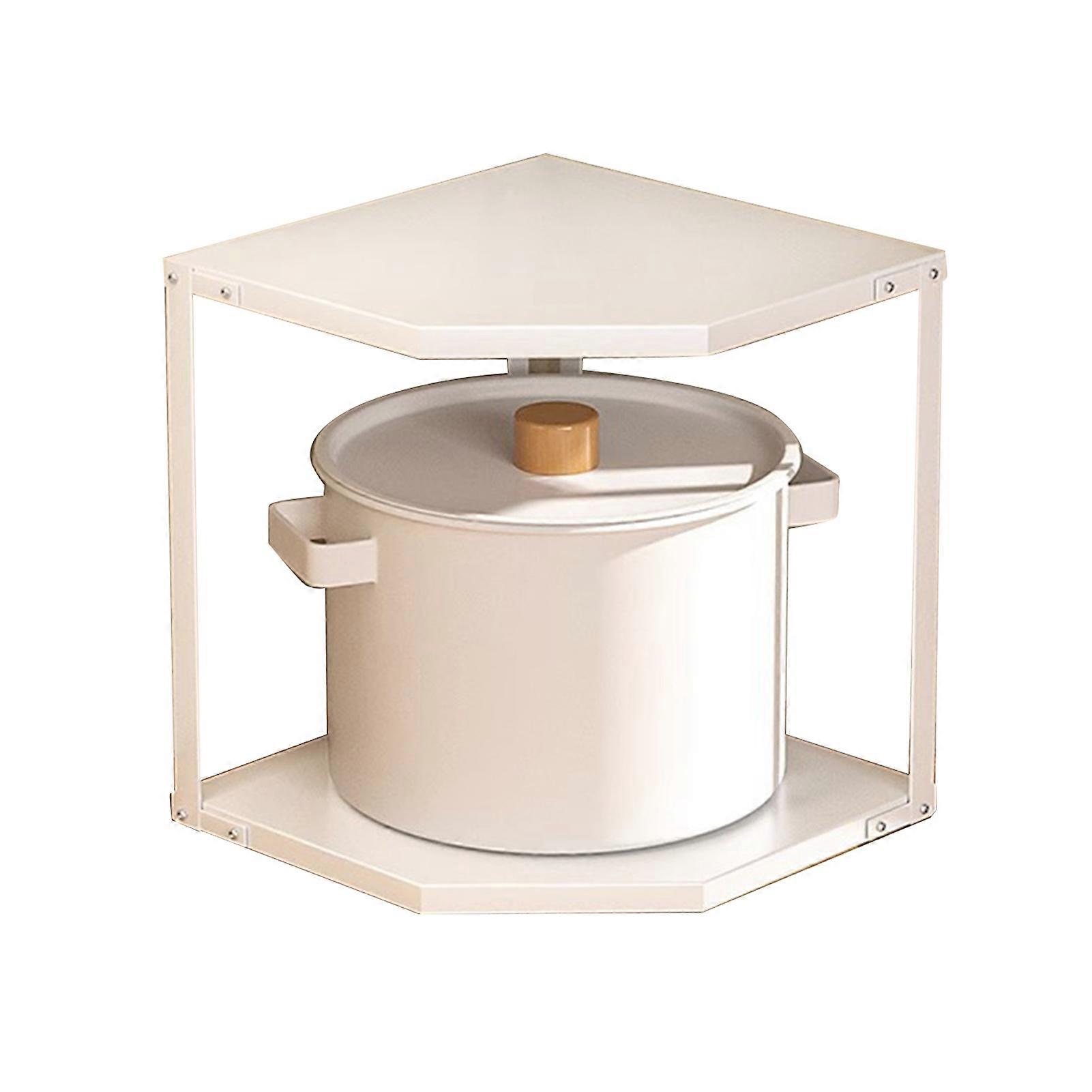 Kitchen Small Corner Shelf Rack Fan Shaped Space Saving Stable Carbon Steel Cookware Stand for Pots Pans 2 Layer White 27x27x27.6cm
