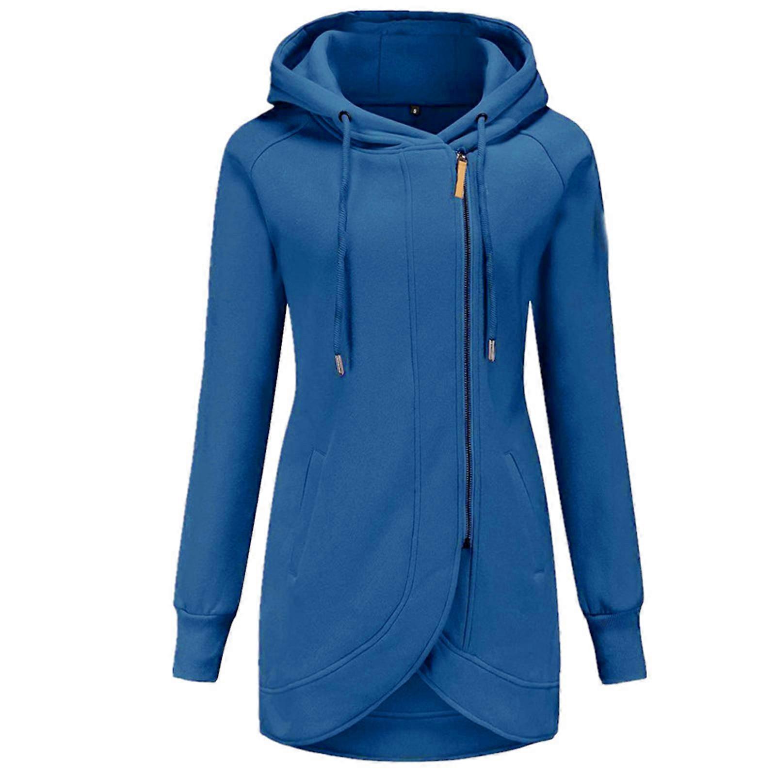 Women Casual Solid Color Oblique Zipper Hoodie Jacket with Pockets