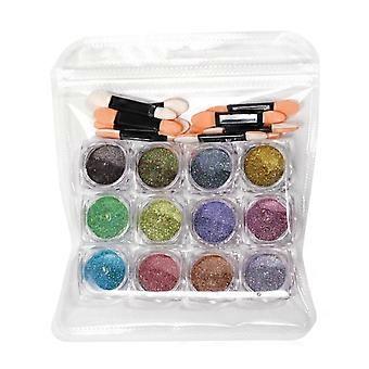 12 Colors Metallic Mirror Nail Iridescent Laser High Glossy with 10 Paint Brush Manicure Chrome Powder