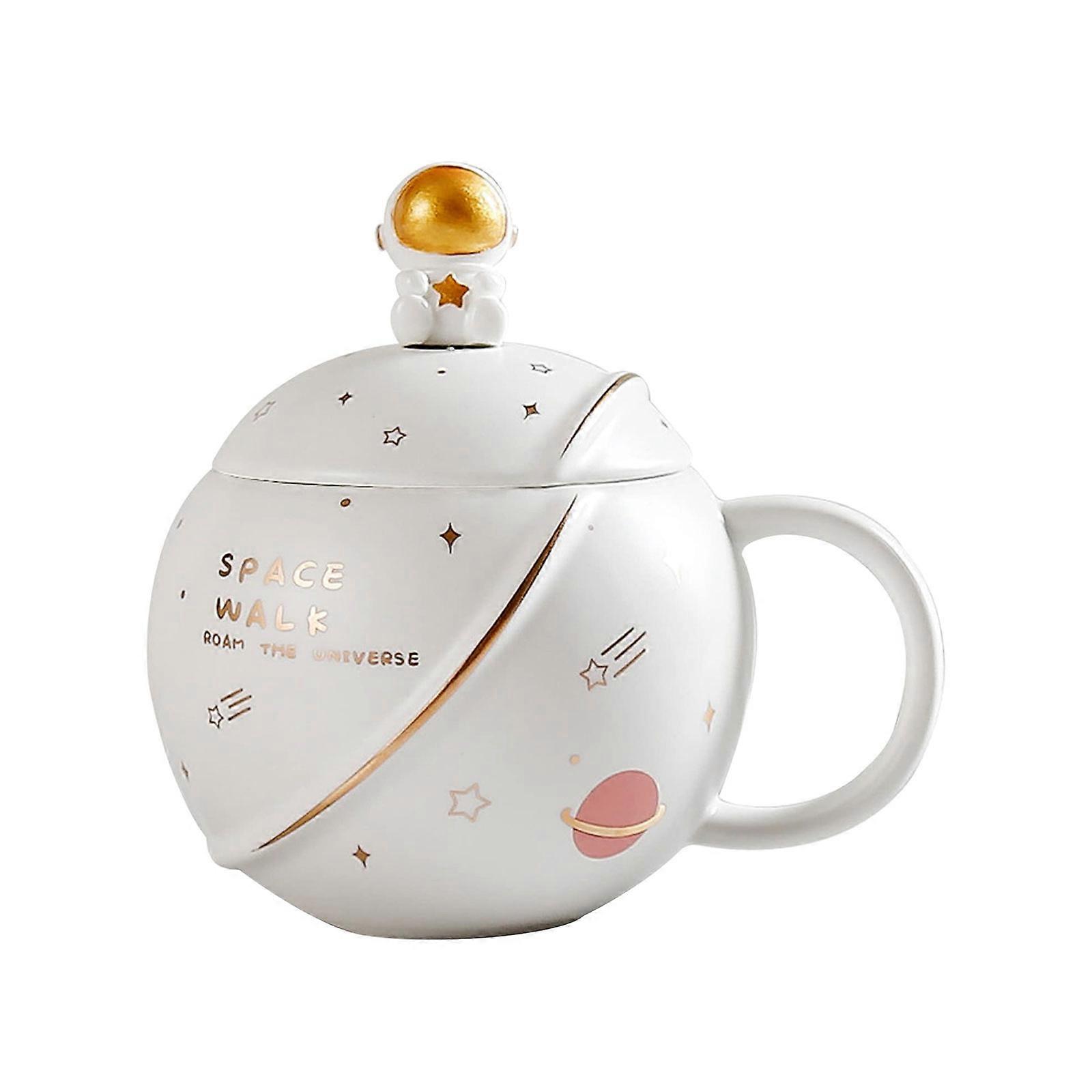 400ML Unique Space Mug Juice Cups Coffee Cup Beverage Cup with Lid and Spoon Coffee Mug Ceramic Material for Daily Use White