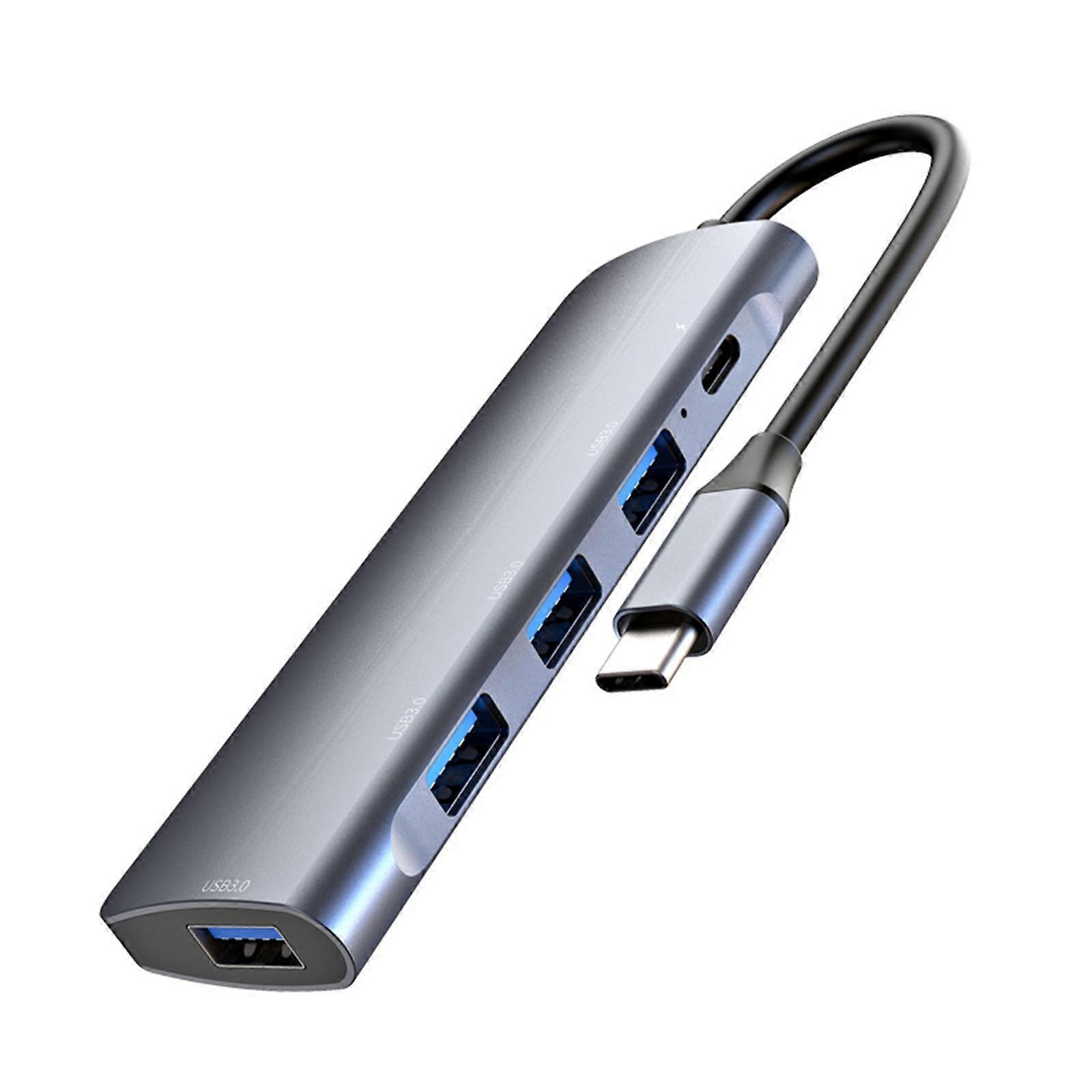 Ultra-fast Docking Station 5-in-1 Type C to 4 x USB 3.0 + PD3.0 5Gbps High Speed Multiple Data Transfer Hub for Computer  Grey