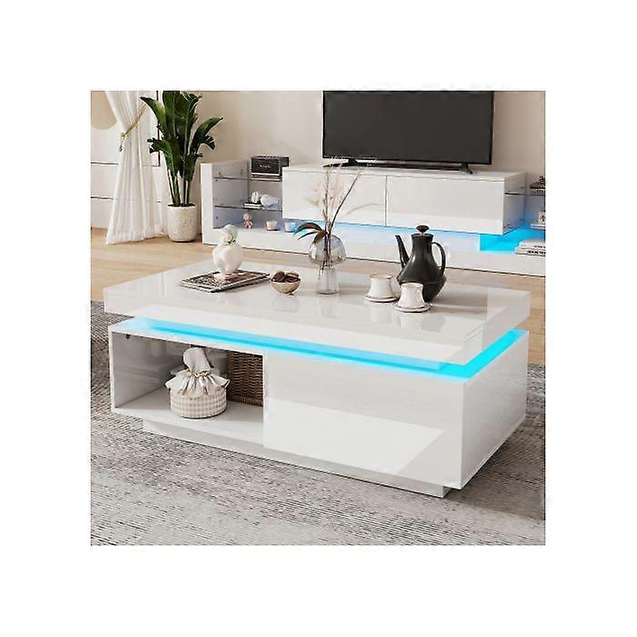Modern high-gloss coffee table with LED lighting, 100x50x40.3 cm - Elegant table with drawer and load capacity of 50 kg.
