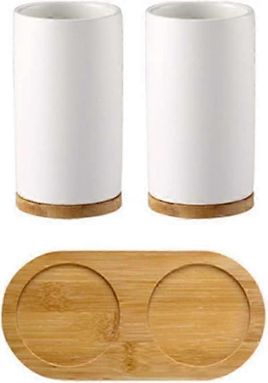Ceramic Bathroom Set Mug Toothbrush Holder Bamboo Soap Dispenser