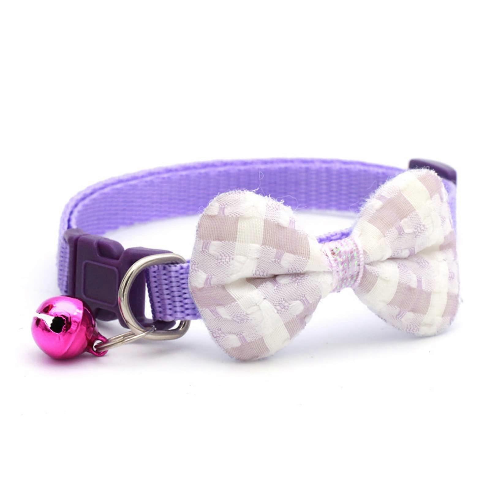 Dog Collar with Bow Tie, Adjustable Puppy Necklace with Bell, Solid Color Pet Accessory, Size 19-32cm, D-Purple