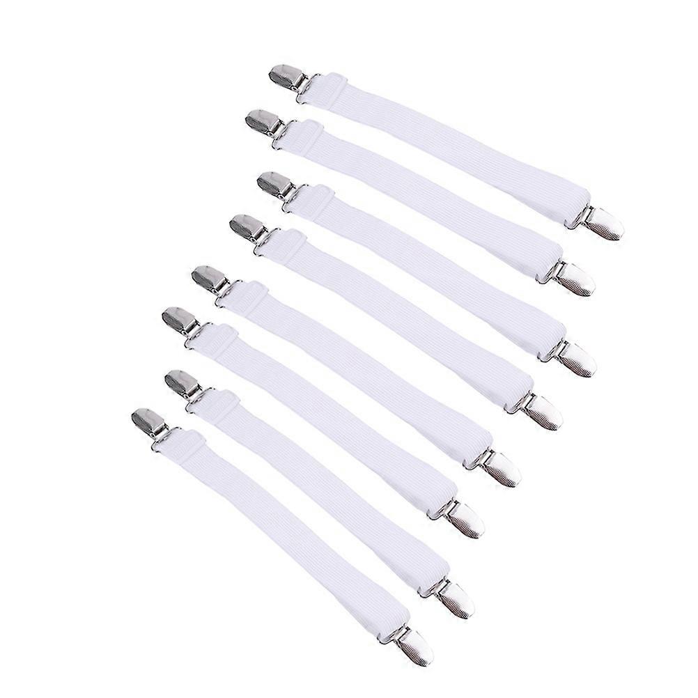 8pcs Multipurpose Bed Sheet Fasteners Adjustable Suspenders Gripper Elastic Strap with Clips for Bed Sheets Mattress Covers (White)
