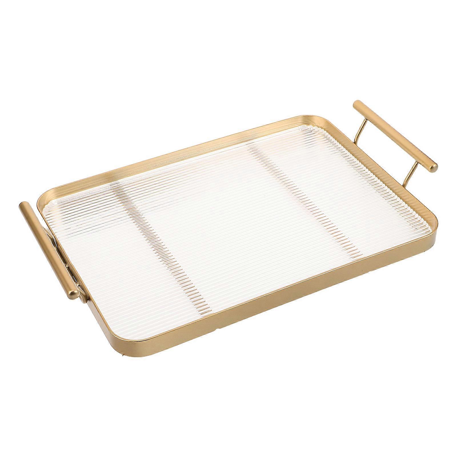 Rectangular Serving Tray with Horizontal Stripe Design, Sturdy Handles, Scratch Resistant Decorative Tray for Kitchen, Coffee Table, Tea and Snack