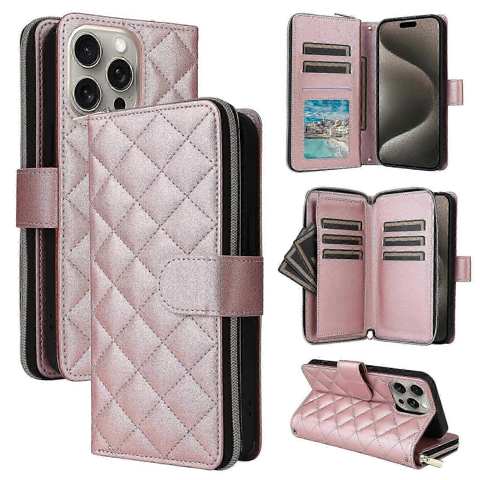 For iPhone 15 Pro Max Crossbody Rhombic Zipper Tower Buckle Leather Phone Case with Lanyard