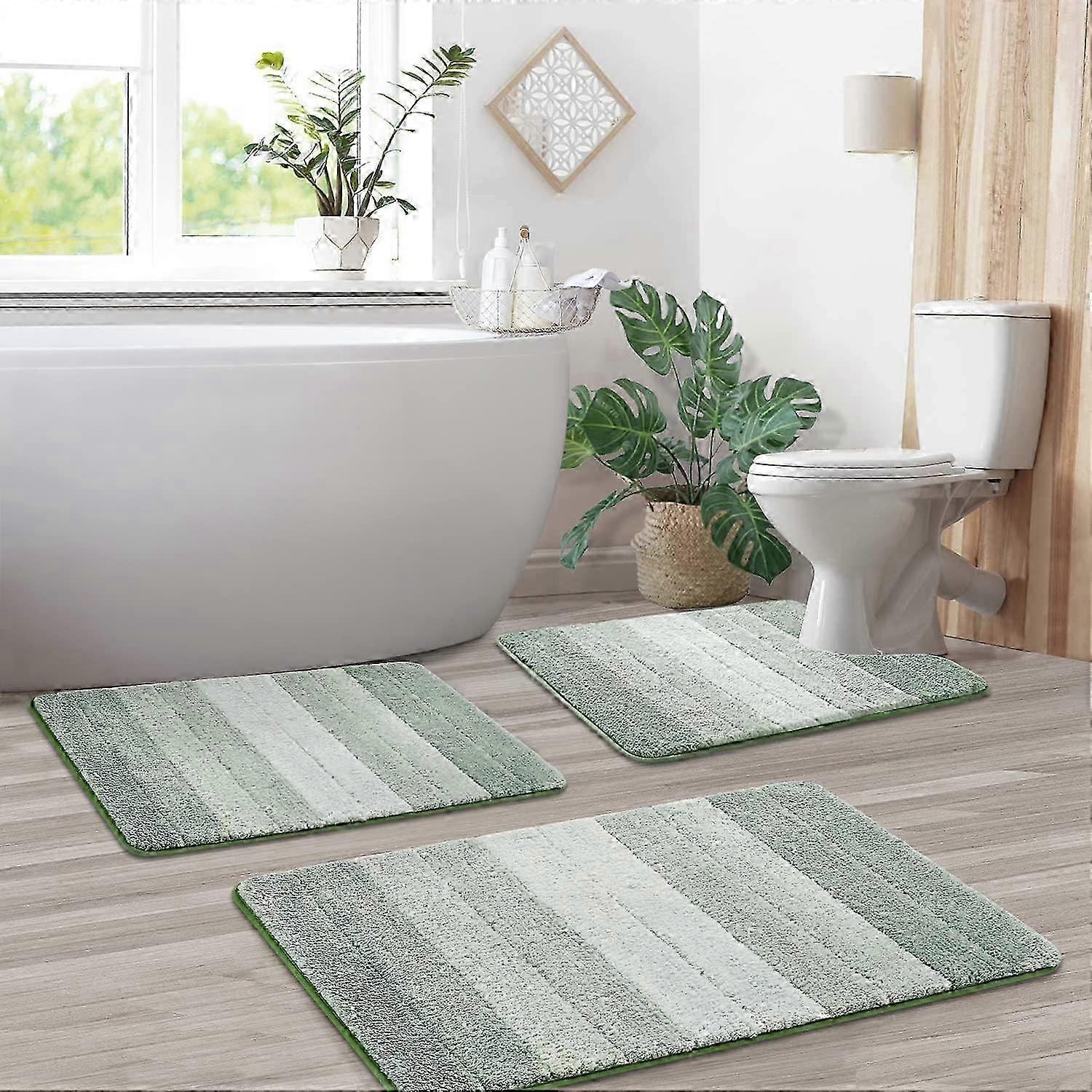 TTMA 3 Stück Ombre Badezimmerteppiche Set mit U-förmiger Matte, rutschfest, schnell trocknend, ultraweicher und wasserabsorbierender Badeteppich, Grün