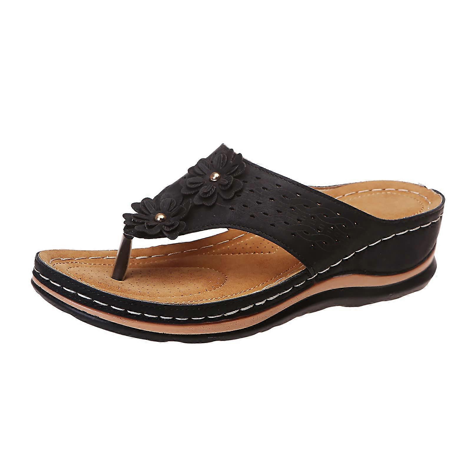 Comfortable Sandals Women's Summer Lightweight Wedge Heel Boho Open Toe Platform Flip Flops in Black, Orthopaedic Design