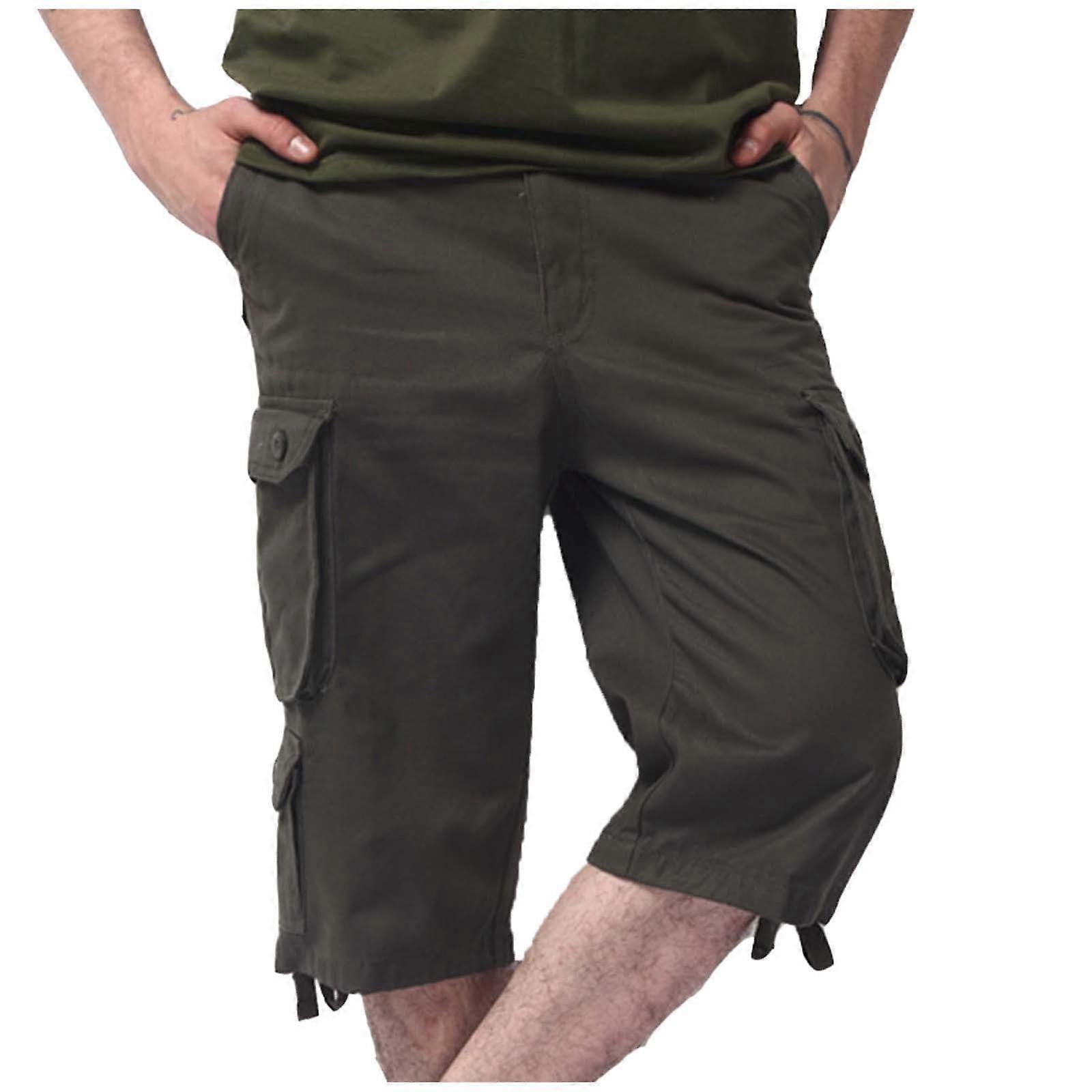 Men's Cargo Shorts Army Green 36 Regular Fit Cotton Bermuda Shorts with Multi Pockets and Elastic Waist for Summer Casual Wear